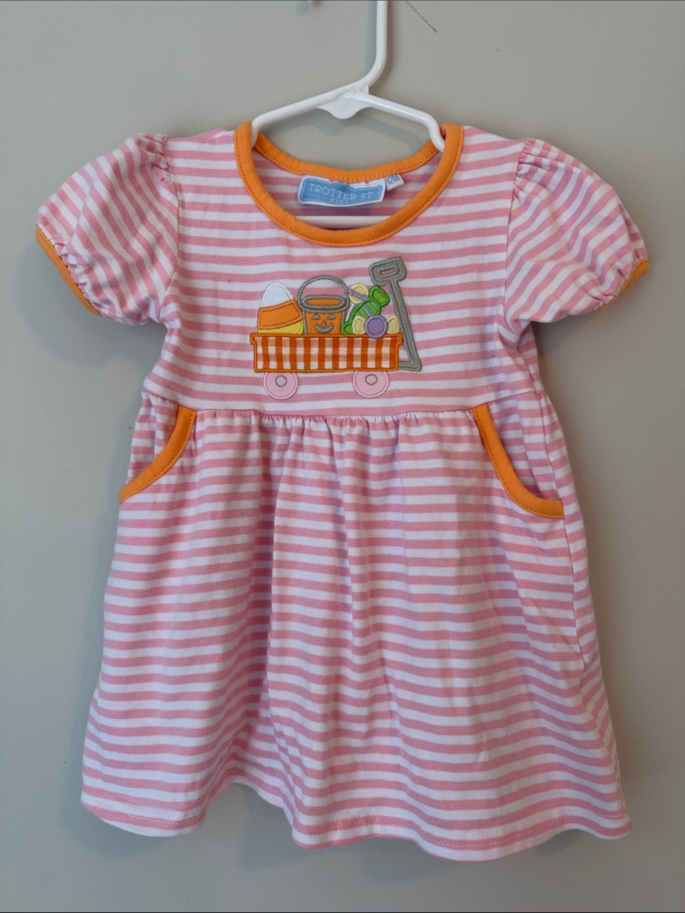 Trotter Street Kids pink & White Striped Dress with Orange Trim and Applique